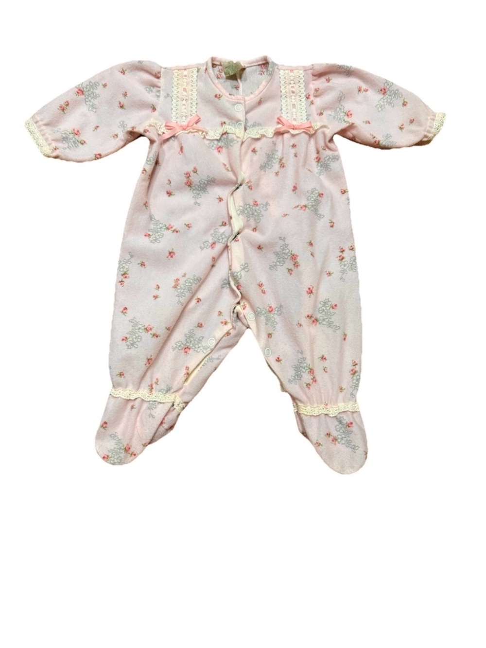 Vintage 80s 90s Baby Girl Floral Footed Sleeper Pajamas Newborn Pink